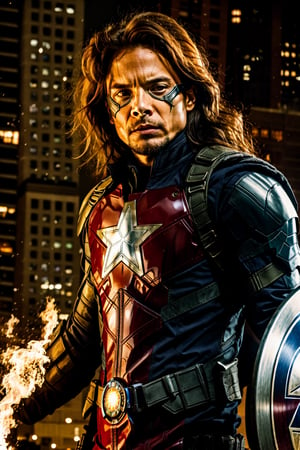 lion face as winter soldier, pyrokinesis, shield, masterpiece,HDR, ultra reallistic, Gotham city background,lion mutant face