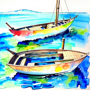 Blue, yellow, watercolor_(medium), boat drawing pattern

