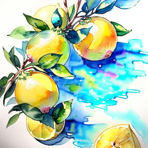 Blue, yellow, watercolor_(medium), lemon

