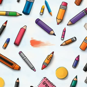 Repeating vector small crayon, pencil, pen, marker, eraser, notebook pattern --tile