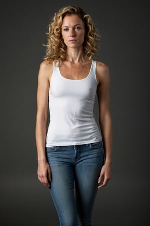 full-body_portrait, blonde 55 yo very slim and  skinny  woman,freckles, dressed in white very very tight tanktop,nipples, in a state of anger,medium long dark blonde curled hair with highlights,flat_chested,, flat body,very slim hips,tiny_breasts, photography for social network, front-view