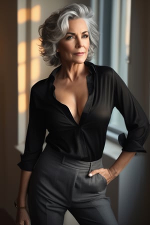 1girl, 55 year old woman, seductive_pose,, black cotton blouse with nipple pushes through blouse, deep cleavage, tight black tiny slip,
gray hair, average_breasts, 
full body, front view from above,
sunlight, warm
dramatic lighting
 ( lofi, messy, , photography, photorealism, portraits, bokeh )
(by Jamie Hawkesworth Janek Sedlar )