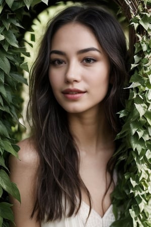 prompt: "A beautiful young woman standing in an ancient archway covered with ivy, wearing a flowing white gown. She has natural, flawless skin, perfect eyelashes, and a serene expression. She has large, expressive brown eyes, a natural skin tone, slightly wavy dark hair, and a gentle smile. Her face is well-proportioned with high cheekbones, a small nose, and full lips. Her expression is calm and serene, exuding a sense of tranquility and elegance. The lighting is soft and natural, highlighting her facial features and casting gentle shadows. The scene is set in a lush, green garden with soft sunlight filtering through the leaves. Avoid: blurred face, unnatural skin texture, exaggerated features, harsh shadows, unrealistic expressions."
steps: 50
cfg scale: 7.5
resolution: 512x512
seed: 12345