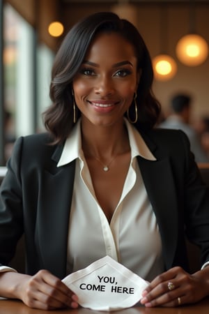 photorealistic, ultra highly intricate detailed, professional photo, black woman, about 35 years old, businesswoman, office attire, sitting at a restaurant table, 2 tables away from viewer. She holds a napkin saying: "YOU, COME HERE". portrait lighting, subpixel rendering, smooth vertex shading, (best quality, sharp focus, masterpiece, 4k, ultra detailed, sharp focus, 8k, high definition, insanely detailed, (((frontal view:1.4))), intricate:1.1), bokeh,   





Maintain the highest level of photorealism, natural skin over entire body with several imperfections, such as mole, a single acne spot or naevi, no smooth or plastic skin, show skinpores, many imperfections in clothes and backdrop. Show loose threads in clothes. Nothing should be perfect. Show some minor asymmetry in face. Everything should be realistic. No repetitions in backdrop, each aspect is unique.