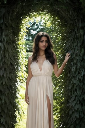 prompt: "A beautiful Moroccan young woman standing in an ancient archway covered with ivy, wearing a flowing white gown. She has natural, flawless skin with a warm olive tone, perfect eyelashes, and a serene expression. She has large, expressive dark brown eyes, slightly wavy dark hair, and a gentle smile. Her face is well-proportioned with high cheekbones, a small nose, and full lips. Her expression is calm and serene, exuding a sense of tranquility and elegance. Her gown has delicate, flowing fabric that drapes elegantly over her body, revealing her 3/4 length. She stands gracefully with one leg slightly forward, and her arms relaxed by her sides. The lighting is soft and natural, highlighting her facial features and casting gentle shadows on her dress. The scene is set in a lush, green garden with soft sunlight filtering through the leaves. Avoid: blurred face, unnatural skin texture, exaggerated features, harsh shadows, unrealistic expressions."
steps: 50
cfg scale: 7.5
resolution: 512x512
seed: 12345