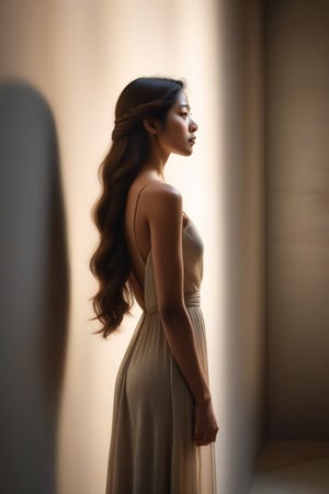 A serene woman stands quietly, her back facing the viewer, as she gazes intently at a blank wall. Softly lit from behind, her long hair cascades down her back like a river of night. The framing is tight, capturing the subtle curve of her shoulders and the gentle slope of her neck.