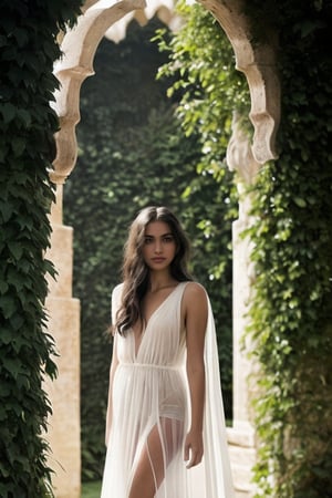 prompt: "A beautiful Moroccan young woman standing in an ancient archway covered with ivy, wearing a flowing (((white fully  transparent gown))). She has natural, flawless skin with a warm olive tone, perfect eyelashes, and a serene expression. She has large, expressive dark brown eyes, slightly wavy dark hair, and a gentle smile. Her face is well-proportioned with high cheekbones, a small nose, and full lips. Her expression is calm and serene, exuding a sense of tranquility and elegance. Her gown has delicate, flowing fabric that drapes elegantly over her body, revealing her 3/4 length. She stands gracefully with one leg slightly forward, and her arms relaxed by her sides. The lighting is soft and natural, highlighting her facial features and casting gentle shadows on her dress. The scene is set in a lush, green garden with soft sunlight filtering through the leaves. Avoid: blurred face, unnatural skin texture, exaggerated features, harsh shadows, unrealistic expressions."
steps: 50
cfg scale: 7.5
resolution: 512x512
seed: 12345
