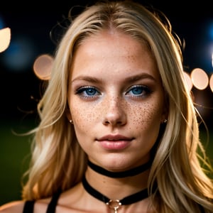 Create an image of a young woman with long blonde hair and bright blue eyes, looking directly at the camera. She is outdoors, with blurred lights in the background creating a bokeh effect. She is wearing a black choker and a dark top with thin straps. The perspective is from above, focusing on her face, emphasizing her freckles and smooth complexion. The overall lighting is soft but with a slight dramatic effect, highlighting her features.,photorealistic