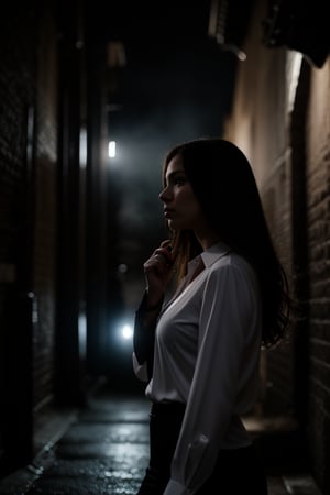 cinematic, silhouette photograph of a serious woman pointing a handgun in a dark alley at night after a light rain, misty, light-colored perfect eyes, extravagant blouse, long tousled brunette hair, casting shadow style, UHD, HDR, masterpiece, highly detailed, dramatic light, film still, f/2. 8, bokeh