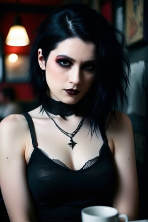 prompt: "dio photography: A moody, high-contrast shot of a stunning goth woman posing confidently in a busy cafe. She wears a pristine white blouse and a well-fitted red pencil skirt, her porcelain skin and raven hair drawing attention to her striking features. Her eyes are dark and expressive, with a hint of red eyeshadow, and she has a flirty and loving smile on her lips. The analog photograph has a warm, film-like quality, with subtle grain and texture. The cafe is bustling with activity in the background, adding depth to the scene. The framing shows her 3/4 body, with her body forming a diagonal line that leads the viewer's eye to her enigmatic expression. Avoid: red eyes, messy clothes, overly exaggerated features, unrealistic skin textures, harsh lighting, blurred edges."
steps: 50
cfg scale: 7.5
resolution: 512x512
seed: 12345