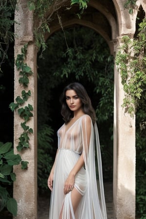 prompt: "A beautiful Moroccan young woman standing in an ancient archway covered with ivy, wearing a flowing (((white fully  transparent gown))). She has natural, flawless skin with a warm olive tone, perfect eyelashes, and a serene expression. She has large, expressive dark brown eyes, slightly wavy dark hair, and a gentle smile. Her face is well-proportioned with high cheekbones, a small nose, and full lips. Her expression is calm and serene, exuding a sense of tranquility and elegance. Her gown has delicate, flowing fabric that drapes elegantly over her body, revealing her 3/4 length. She stands gracefully with one leg slightly forward, and her arms relaxed by her sides. The lighting is soft and natural, highlighting her facial features and casting gentle shadows on her dress. The scene is set in a lush, green garden with soft sunlight filtering through the leaves. Avoid: blurred face, unnatural skin texture, exaggerated features, harsh shadows, unrealistic expressions."
steps: 50
cfg scale: 7.5
resolution: 512x512
seed: 12345