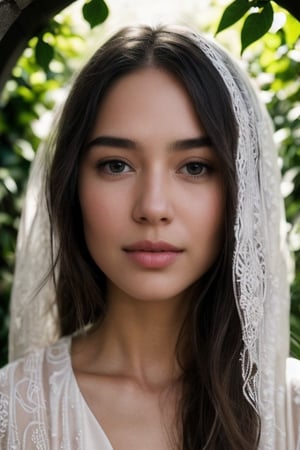 prompt: "A beautiful young woman standing in an ancient archway covered with ivy, wearing a flowing white gown. She has natural, flawless skin, perfect eyelashes, and a serene expression. She has large, expressive brown eyes, a natural skin tone, slightly wavy dark hair, and a gentle smile. Her face is well-proportioned with high cheekbones, a small nose, and full lips. Her expression is calm and serene, exuding a sense of tranquility and elegance. The lighting is soft and natural, highlighting her facial features and casting gentle shadows. The scene is set in a lush, green garden with soft sunlight filtering through the leaves. Avoid: blurred face, unnatural skin texture, exaggerated features, harsh shadows, unrealistic expressions."
steps: 50
cfg scale: 7.5
resolution: 512x512
seed: 12345