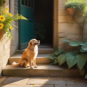 The curious cat sits on the worn stone step, eyes fixed on a fluttering leaf as the warm sunlight casts a gentle glow on its soft fur. Next to it, a playful golden retriever lies stretched out, tongue lolling out of its mouth, enjoying the warm rays and watching the cat with eager affection. Between them, a delicate sunflower blooms, its bright yellow petals shining like a beacon amidst the lush greenery and rustic garden walls, as the camera captures the trio's relaxed profiles bathed in the soft, golden light.