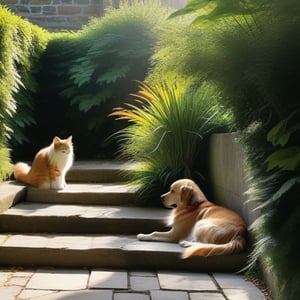 A curious cat sits on a worn stone step, eyes fixed on a fluttering leaf as the warm sunlight casts a gentle glow on its soft fur. Next to it, a playful golden retriever lies stretched out, tongue lolling out of its mouth, enjoying the warm rays and watching the cat with eager affection. The camera's low angle captures the duo's relaxed profiles against a blurred backdrop of lush greenery and rustic garden walls, with the sun's rays dancing across their features in a delightful display of texture and light.