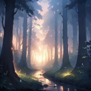 A serene forest landscape at dawn, with soft, diffused light filtering through the trees, illuminating a misty, dew-covered undergrowth. The composition captures a tranquil, peaceful atmosphere, emphasizing the natural beauty and tranquility of the early morning forest.