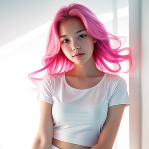 A vibrant pink-haired girl, striking pose, dynamic lighting highlighting her unique hair color, clean minimalist background, white short-sleeve top, fashionable attire, confident expression, close-up framing capturing her youthful energy and individuality.