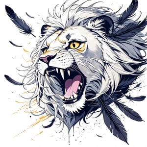 An eye-level painting of a lion with its mouth open. The lion's head is facing towards the left side of the frame. Its mouth is open, revealing sharp teeth. Its fur is a mix of white, black, and yellow. The background is a light blue, with a few white clouds scattered across it. There are black feathers on the left and right sides of the image, adding a pop of color to the scene.