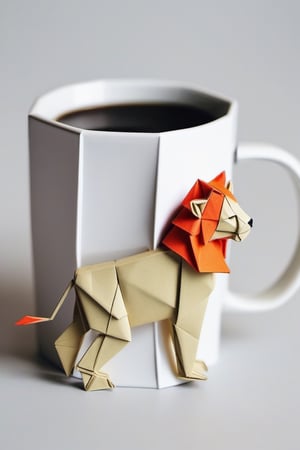 Coffee mug, origami, animals, lion 