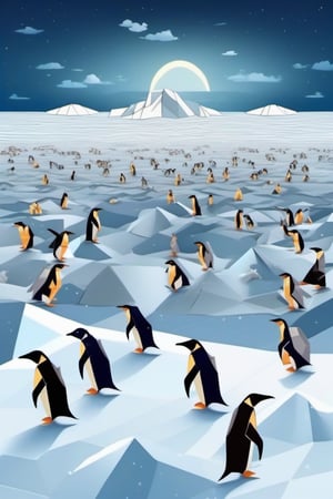 Origami many Penguins walking on ice sheet, wide shot, dark sky