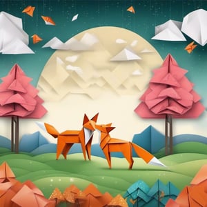 An origami tree and an origami fox playing in an origami field in rainy and cloud evening