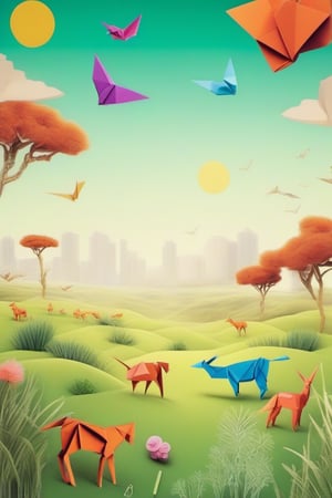 Wide shot of a grassland with origami animals 