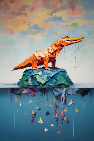 Origami ,dripping paint, Crocodile standing on a tiny island in a vast ocean, full body portrait, wide scale lens 