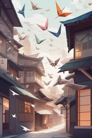 Wide shot of an old city with origami birds