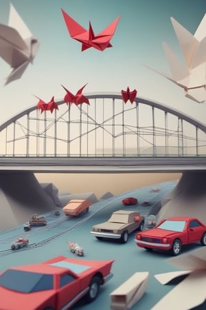 Wide shot of a bridge with origami cars and origami wheels