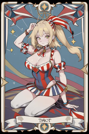 Tarot card The Fool, girl, large breast, arlequin clothes, blond hair, long, circus tent, cute