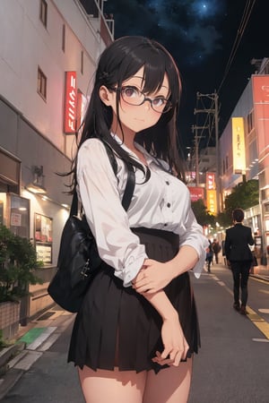 best quality, ultra-detailed, illustration,
lovehogai, scenery, japan, night, road, lamppost, city, street, neon lights, sign, outdoors, building, sky, city lights, cityscape, night sky, power lines, light,
1girl, black hair, long hair, glasses, solo, embarrassed, office lady, suit, tight skirt, casual business suit, business bag, blush, pointing, looking at another,