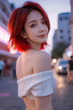 xxmixgirl,1girl, fisheye, selfie, breeze, short_messy_hair, red_hair, bikini, atmospheric, aesthetics, street, crowd, dusk, smiling,Xxmix_Catecat,3d style,cutegirlmix