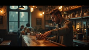 The perspective shifts toward the café's counter, where a male bartender stands behind the bar. He is calmly wiping down a glass, his movements steady and practiced. The warm glow of soft, ambient lighting highlights the wooden counter, casting gentle shadows around the bottles and cups neatly arranged on the shelves behind him. The bartender, with a relaxed posture, seems unaware of the subtle tension lingering from the recent events. His casual attire fits the cozy atmosphere of the café, and his expression is calm, as if he's simply going through the motions of another quiet night. The faint sound of rain continues to tap against the windows, blending with the soft clinks of glassware. The scene feels intimate, with a sense of normalcy returning, even though the air still holds a trace of the mysterious moment that just passed.