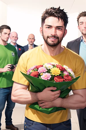 A middle-aged man with a bald head of black beard and 14 middle-aged men with cheerful faces and balding heads are posing for a photo with their arms around each other. They are dressed in orange work clothes, prison uniforms. The background is a Somei Yoshino,bare of rugged concrete and equipped with a surveillance camera. They are holding a bouquet of blessing flowers and congratulating us loudly.