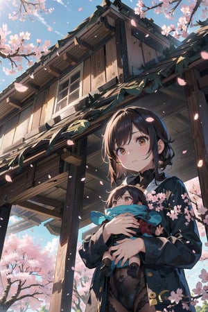 (Main theme is Squall of cherry blossoms),(Looking down point of view:1.5)(Squall of cherry blossoms:1,5),(1 girl and child:1.5),(you are bored under the eaves:1.5),(pure black hair, long straight cut),(she is looking down with anxious expression),(brown long coat, black lace body stocking suit),(standing vaguely),(Glaze technique),(8k)