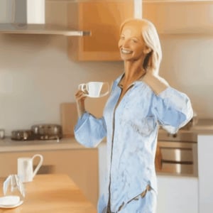 beautiful woman in comfortable night clothes drinking coffee in the kitchen in the morming