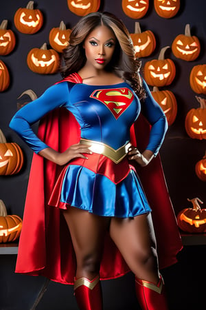 AFRICAN-AMERICAN WOMAN, SEXY, VOLUPTUOUS, BUSTY, IN A SUPERGIRL COSTUME, SUPERGIRL COSPLAY, WITH HALLOWEEN BACKGROUND