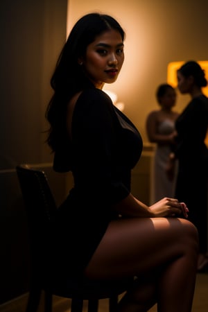 Indonesian beauty's piercing gaze commands attention as she sits poised on a stool, long black hair framing her face like a veil. The form-fitting black dress accentuates her curves, high heels adding sophistication to the mysterious allure. Dimly lit atmosphere exudes intimacy, blurred crowd in the background shrouded in shadows. Neon signs pierce through the haze, casting an otherworldly glow on the scene. Capture her looking regal and alluring, with an air of mystery, as she radiates confidence and beauty.