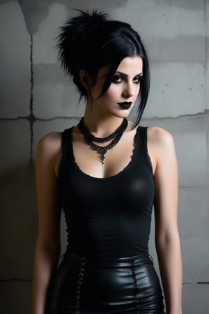 A goth woman stands confidently before a distressed concrete wall in a moody studio setting, warm lighting with subtle grain and texture illuminating her porcelain skin and raven hair against the dark background. As she gazes directly at the camera, her eyes seem to bore into the soul, expression morphing from enigmatic to malevolent. Her body forms a diagonal line, drawing attention to her unsettling grin as she speaks in a hushed tone, You shouldn't be here. The tight tank top accentuates her physique, highlighting her navel piercing, while short pencil skirt and black stockings seem to add a macabre touch. Suddenly, the lighting flickers, and the concrete wall begins to crack and crumble, as if the very fabric of reality is unraveling before our eyes.