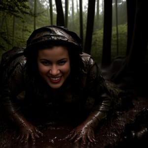 A solo female soldier with long black hair and piercing blue eyes smiles confidently as she (((crawls through a muddy forest terrain:1.4))), (((her battle dress covered in dirt and debris:1.4))). Her gaze directly confronts the viewer, exuding a sense of determination and resilience.,(((photorealism:1.4)))