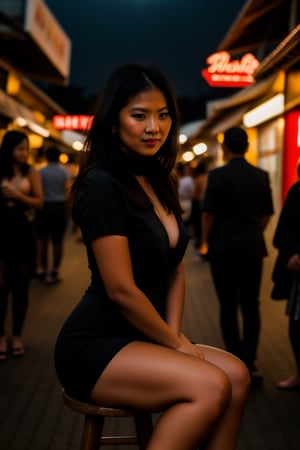 closeup Indonesian beauty's piercing gaze commands attention as she sits poised on a stool, long black hair framing her face like a veil. The form-fitting black dress accentuates her curves, high heels adding sophistication to the mysterious allure. Dimly lit atmosphere exudes intimacy, blurred crowd in the background shrouded in shadows. Neon signs pierce through the haze, casting an otherworldly glow on the scene. Capture her looking regal and alluring, with an air of mystery, as she radiates confidence and beauty. eating in a street warung