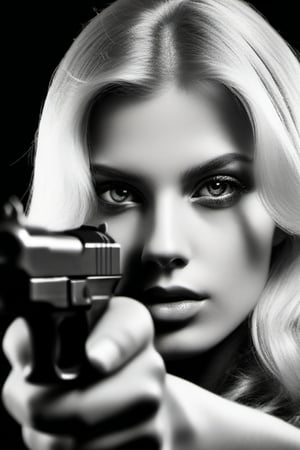 Pretty blonde girl with a gun black and white shot, in the style of celebrity and pop culture references, shiny eyes,Dutch 