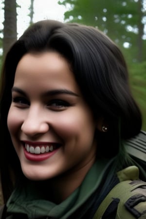 A solo female soldier with long black hair and piercing blue eyes smiles confidently as she crawls through a muddy forest terrain, her battle dress covered in dirt and debris. Her gaze directly confronts the viewer, exuding a sense of determination and resilience.,(((photorealism:1.4)))