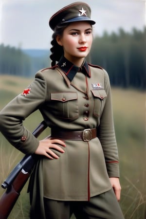 A young, determined Soviet sniper from World War II. She appears to be in her early twenties. She has fair skin and dark hair styled in two braids, framing her expressive eyes and serious expression. Her facial features reflect confidence and determination. She has a petite to average build, with a well-proportioned figure. Her chest, waist, and hips are balanced, giving her an athletic yet feminine appearance. Her uniform includes an olive-green tunic with a high collar, buttoned front, and a red star emblem prominently displayed on her cap. The tunic is slightly loose, consistent with the military style of the era, and she wears a wide leather belt around her waist, which cinches her tunic and accentuates her waistline. Her matching olive-green skirt fit comfortably and she is wearing sturdy brown combat boots. The details of her uniform are consistently depicted, with accurate textures and colors. She is in a kneeling position, aiming through the scope of her rifle, with a focused expression. The natural background enhances the historical and military context.,(((photorealism:1.4)))
