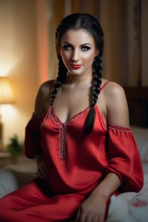 High quality image, an attractive 21 Russian woman, black hair long length in braid, no makeup, medium bust, wearing a red nightie, sitting on a bed in a dimly lit bedroom, looking at camera, dramatic lighting, blurred background