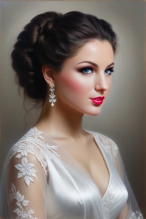 The task is to annotate the image by describing its content using natural language. The image contains a woman who appears to be dressed in bridal attire, indicated by the style of her dress and the overall aesthetic. Key features to note include her hairstyle, makeup, and the delicate lace detailing on her garment. The lighting and setting suggest a calm and serene atmosphere, possibly intended to evoke a sense of tranquility or introspection. The focus on the woman's profile adds a layer of depth to the portrait, inviting viewers to consider her thoughts or emotions.

