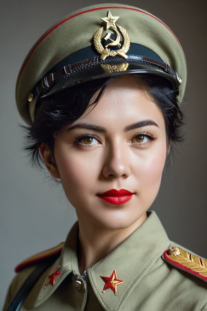 A determined young woman's face fills the frame, her short black hair styled neatly beneath the garrison cap adorned with a hammer and sickle emblem. A Soviet-inspired military uniform, complete with utility belt cinched at her waist, exudes strength and resilience. Her confident grin, illuminated by soft overhead lighting, conveys unwavering patriotism as she proudly holds a bolt-action rifle. The photorealistic image captures every detail, from the subtle creases on her uniform to the determined glint in her eye.,beauty