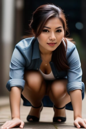 Photorealistic, ultra highly intricate detailed, professional photo of an Asian girl (((crouching:1.4))) very close in front of the viewer, (((facing the camera directly:1.4))). Full-body shot, wearing a short skirt and a low-cut blouse, (((crouching low with hands on the ground:1.4))), ready for action or play. The scene uses portrait lighting with subpixel rendering and smooth vertex shading. The image should be of the best quality, sharp focus, masterpiece, 8k high definition, insanely detailed and intricate (1.1). The scene includes bokeh effects and is captured from a worm's-eye view.