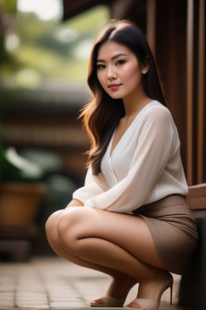 Photorealistic, ultra highly intricate detailed, professional photo of an Asian girl squatting extremely close in front of the viewer, (((facing the camera directly:1.4))),  Full-body shot, wearing a short skirt and a low-cut blouse, squatting low with hands on the ground, ready for action or play. The scene uses portrait lighting with subpixel rendering and smooth vertex shading. The image should be of the best quality, sharp focus, masterpiece, 8k high definition, insanely detailed and intricate (1.1). The scene includes bokeh effects and is captured from a worm's-eye view.