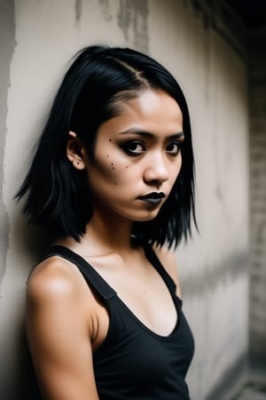 A moody, high-contrast studio photograph of an Indonesian goth woman posing confidently in front of a distressed concrete wall. She wears a tight-fitting tank top without a bra, her porcelain skin and raven hair drawing attention to her striking features as she gazes directly at the camera with piercing eyes. Warm, film-like tones with subtle grain and texture dominate the analog image, emphasizing her enigmatic expression. The framing is tight, with the subject's body forming a diagonal line that leads the viewer's eye to her captivating gaze.