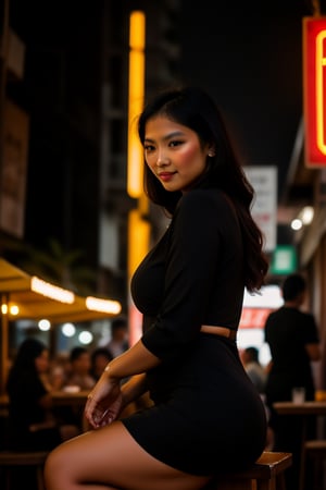 closeup Indonesian beauty's piercing gaze commands attention as she sits poised on a stool, long black hair framing her face like a veil. The form-fitting black dress accentuates her curves, high heels adding sophistication to the mysterious allure. Dimly lit atmosphere exudes intimacy, blurred crowd in the background shrouded in shadows. Neon signs pierce through the haze, casting an otherworldly glow on the scene. Capture her looking regal and alluring, with an air of mystery, as she radiates confidence and beauty. eating in a street warung